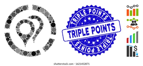 Collage geotargeting diagram icon and corroded stamp seal with Triple Points phrase. Mosaic vector is composed with geotargeting diagram icon and with randomized circle items.