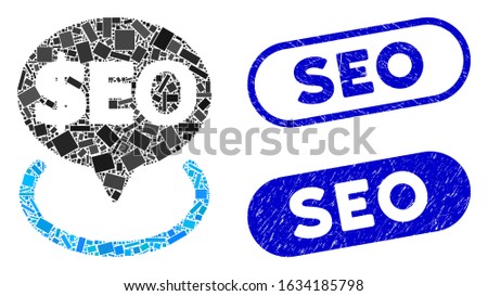 Collage geotargeting seo and rubber stamp seals with Seo text. Mosaic vector geotargeting seo is composed with randomized rectangle items. Seo stamp seals use blue color,