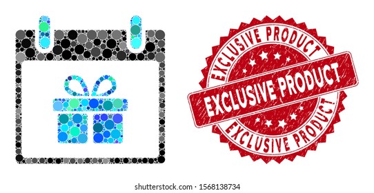 Collage gift box calendar day and grunge stamp seal with Exclusive Product caption. Mosaic vector is composed with gift box calendar day icon and with random circle spots.