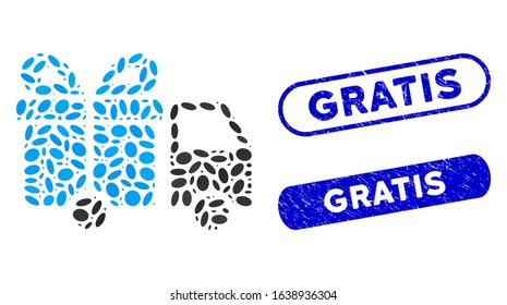 Collage gift delivery van and rubber stamp seals with Gratis text. Mosaic vector gift delivery van is formed with random ellipse parts. Gratis stamp seals use blue color,