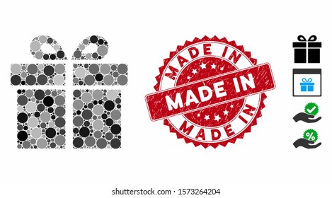 Collage gift icon and corroded stamp watermark with Made In caption. Mosaic vector is formed with gift icon and with scattered round items. Made In stamp uses red color, and grunged surface.