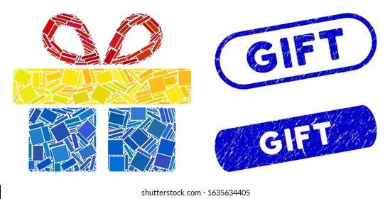 Collage gift and rubber stamp seals with Gift caption. Mosaic vector gift is created with scattered rectangle items. Gift seals use blue color, and have round rectangle shape.