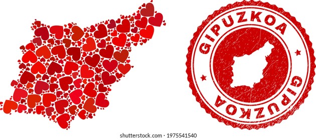 Collage Gipuzkoa Province map composed with red love hearts, and rubber stamp. Vector lovely round red rubber stamp imitation with Gipuzkoa Province map inside.