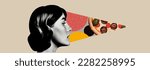 Collage with girl and pizza and abstract figures with texture. Journal minimalist illustration. Stylish composition with circles and halftone effect. Vector banner.  