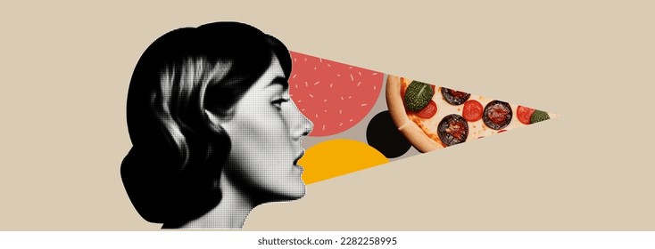 Collage with girl and pizza and abstract figures with texture. Journal minimalist illustration. Stylish composition with circles and halftone effect. Vector banner.  