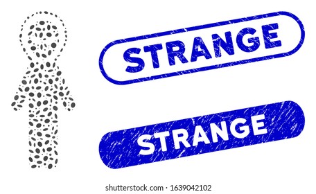 Collage glad alien person and corroded stamp seals with Strange caption. Mosaic vector glad alien person is formed with randomized oval dots. Strange stamp seals use blue color,