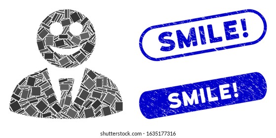 Collage glad boss and grunge stamp seals with Smile! text. Mosaic vector glad boss is formed with scattered rectangle items. Smile! stamp seals use blue color, and have round rectangle shape.