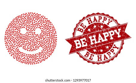 Collage glad smiley composed with red valentine hearts, and isolated grunge watermark. Composition for Valentines Day. Glad smiley concept constructed with small scattered romantic heart symbols.