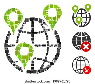 Collage Global company branches icon constructed from square elements in variable sizes and color hues. Vector square elements are arranged into abstract collage global company branches icon.