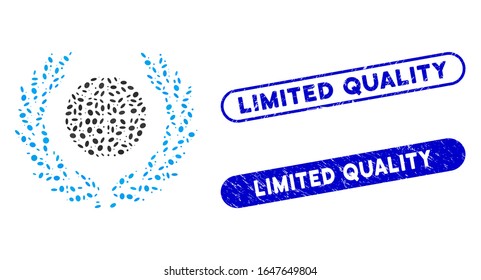 Collage global emblem and corroded stamp seals with Limited Quality text. Mosaic vector global emblem is formed with randomized ellipse elements. Limited Quality stamp seals use blue color,
