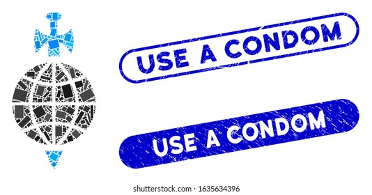 Collage global guard and rubber stamp seals with Use a Condom text. Mosaic vector global guard is designed with scattered rectangle items. Use a Condom stamp seals use blue color,