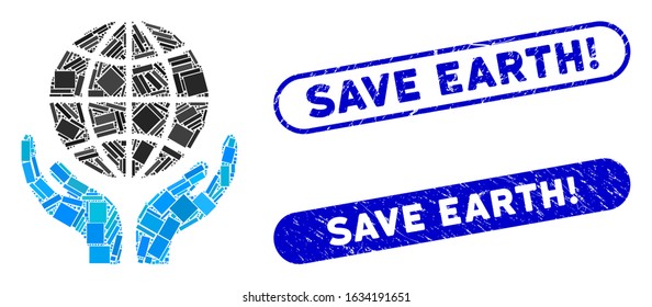Collage global hands and distressed stamp seals with Save Earth! phrase. Mosaic vector global hands is created with randomized rectangle items. Save Earth! stamp seals use blue color,