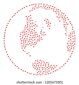 Collage global map of world formed with red love hearts. Vector lovely geographic abstraction of global map of world with red romantic symbols. Romantic design for wedding posters.