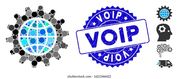Collage global options icon and corroded stamp seal with Voip text. Mosaic vector is composed with global options icon and with random round items. Voip stamp seal uses blue color, and grunge surface.