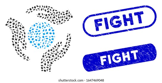 Collage global protection and corroded stamp seals with Fight text. Mosaic vector global protection is composed with scattered ellipse items.  