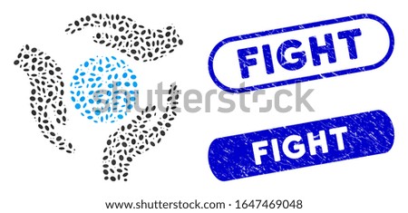 Collage global protection and corroded stamp seals with Fight text. Mosaic vector global protection is composed with scattered ellipse items.  