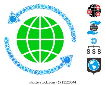 Collage global refresh organized from coronavirus elements in random sizes and color hues. Vector pathogen icons are organized into abstract collage global refresh icon. Some bonus icons are added.