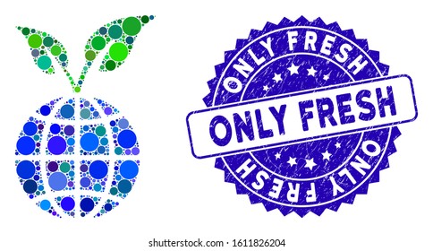 Collage global sprout icon and corroded stamp seal with Only Fresh caption. Mosaic vector is formed with global sprout icon and with randomized circle elements. Only Fresh stamp seal uses blue color,