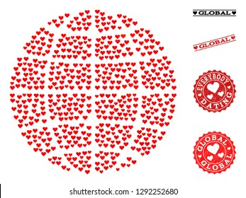 Collage globe composed with red love hearts, and grunge stamp seals for dating. Vector lovely geographic abstraction of globe with red dating symbols. Romantic design for political applications.
