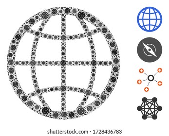Collage globe constructed from coronavirus items in random sizes and color hues. Vector viral icons are arranged into abstract collage globe icon. Some bonus icons are added.