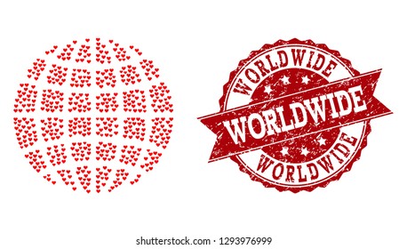 Collage globe created with red love hearts, and isolated rubber stamp. Composition for Valentines Day. Globe concept constructed with small random wedding heart items.
