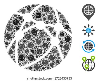 Collage globe network organized from flu virus icons in random sizes and color hues. Vector pathogen icons are grouped into abstract collage globe network icon. Some bonus icons are added.
