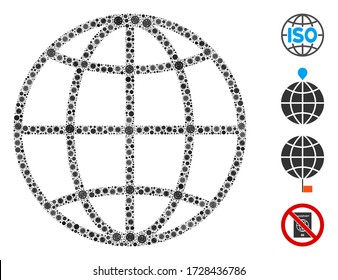 Collage globe organized from covid-2019 virus items in various sizes and color hues. Vector viral icons are united into abstract collage globe icon. Some bonus icons are added.