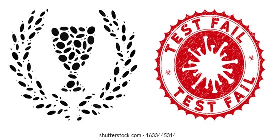 Collage glory wreath icon and red round rubber stamp seal with Test Fail text and coronavirus symbol. Mosaic vector is composed with glory wreath icon and with randomized ellipse elements.