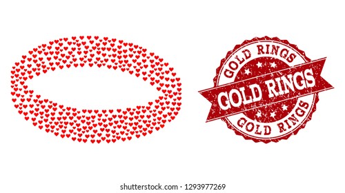 Collage gold ring created with red valentine hearts, and isolated grunge stamp. Composition for Valentines Day. Gold ring concept constructed with small random wedding heart items.