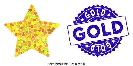 Collage gold star icon and corroded stamp seal with Gold caption. Mosaic vector is formed with gold star icon and with scattered round items. Gold stamp seal uses blue color, and rubber surface.