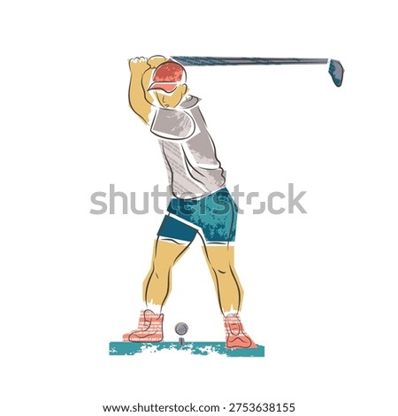 Collage.The golfer is preparing to swing the club. The figure is made from torn pieces of paper, creating a textured effect. The athlete’s silhouette is outlined with a black line over the paper.