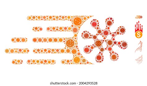 Collage gone viral composed of covid-2019 virus icons in different sizes and color hues. Vector pathogen icons are arranged into abstract collage gone viral icon. Some bonus icons are added.