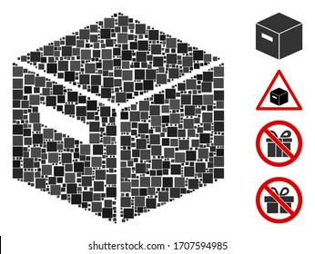 Collage Goods box icon organized from square elements in random sizes and color hues. Vector square elements are combined into abstract collage goods box icon. Bonus pictograms are added.