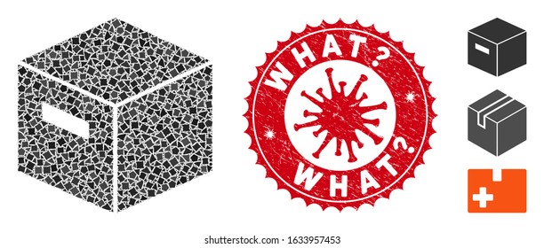 Collage goods box icon and red round grunge stamp seal with What? phrase and coronavirus symbol. Mosaic vector is created with goods box pictogram and with scatteredjoggly items.