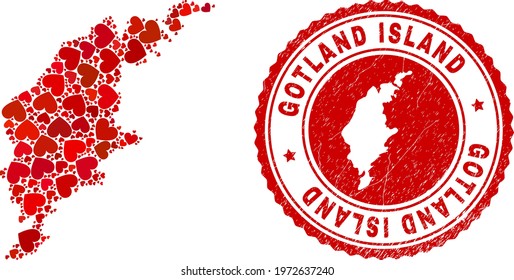 Collage Gotland Island map formed with red love hearts, and grunge seal stamp. Vector lovely round red rubber seal stamp imprint with Gotland Island map inside.