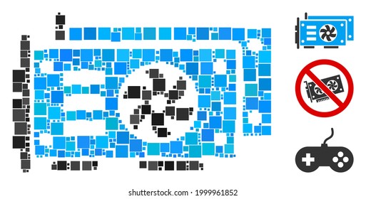 Icono de tarjetas de vídeo GPU de colección compuesto por elementos cuadrados de varios tamaños y tonos de color. Los elementos cuadrados vectoriales se componen en un icono de tarjetas de vídeo GPU de collage abstracto. Se añaden pictogramas bonificados.