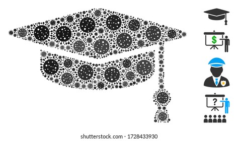 Collage graduation cap organized from flu virus elements in random sizes and color hues. Vector viral elements are combined into abstract collage graduation cap icon. Some bonus icons are added.