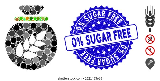 Collage grain harvest sack icon and grunge stamp seal with 0% Sugar Free phrase. Mosaic vector is composed with grain harvest sack icon and with random spheric spots.