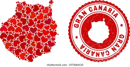 Collage Gran Canaria map created with red love hearts, and corroded seal stamp. Vector lovely round red rubber seal stamp imprint with Gran Canaria map inside.