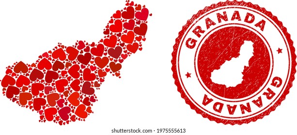 Collage Granada Province map composed with red love hearts, and dirty seal. Vector lovely round red rubber seal stamp imprint with Granada Province map inside.