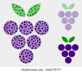 Collage Grape berry icon constructed from round and square elements in different sizes, positions and proportions. Vector round and square elements are grouped into abstract collage grape berry icons.