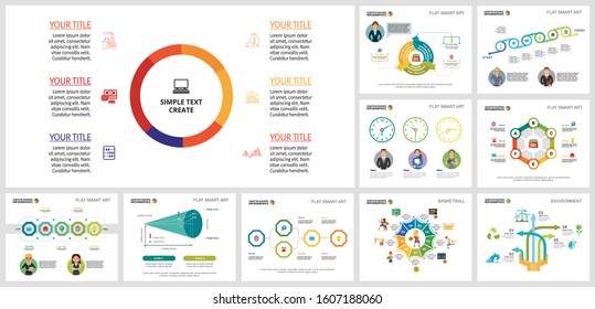 Collage of graphic business infographic charts. Can be used for workflow layout, annual report, presentation slide, web design. Business and accounting concept with doughnut and process charts