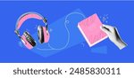 Collage graphic design banner with headphones and hands with books. Ebooks and online library background. Education concept. Popart trendy illustration with halftone elements. Dada zine