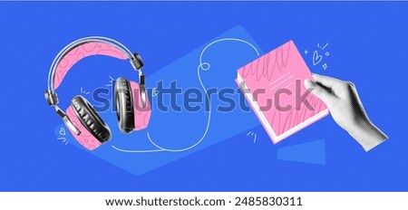 Collage graphic design banner with headphones and hands with books. Ebooks and online library background. Education concept. Popart trendy illustration with halftone elements. Dada zine