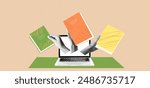 Collage graphic design banner with laptop mockup and  hands with books. Ebooks and online library background. Education concept with workspace. Popart trendy art with halftone elements. Dada zine