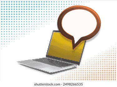 Collage graphic design banner with laptop mockup and speech bubbles. Ads background. Online talk concept with empty space for text. 