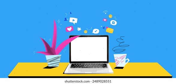 Collage graphic design banner with workspace with laptop mockup and plant and coffee. SMM background. Social media icons is flying. Popart trendy illustration with halftone elements. Bold and bright