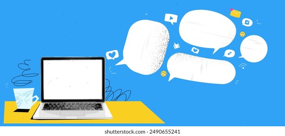 Collage graphic design banner with workspace and coffee and laptop mockup and speech bubbles.  Online talk concept with empty space for text. Popart trendy illustration with halftone elements. 