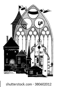 Collage graphic design on the theme of an old European city. The silhouette of the towers and the portal of the Church.