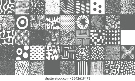 A collage of gray and white abstract patterns featuring various geometric shapes and organic textures arranged in a grid format. The style is modern and graphic.